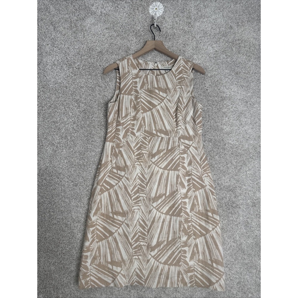 Banana Republic Linen Blend Tan/‎ Ivory Palm Leaf Sleeveless Sheath Dress Sz 8